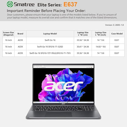 Smatree Laptop Sleeve for 16 inch Acer Swift Go 16 Laptop, for 16 inch Swift Go 16 SFG16-72T-95LG/SFG16-71-75FJ/SFG16-71-52SD, Case with Accessory Pocket, YKK Zipper, Shockproof Design(E637)