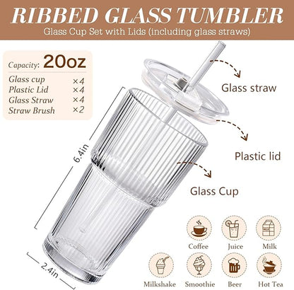 Iced Coffee Cups with Lids: Coffee Bar Accessories - Ribbed Glass Tumbler with Straw and Lid 4Pcs - 20oz Leak Proof Tumbler - Reusable Glass Cups and Tumblers with Lid and Straws for To Go Iced Coffee