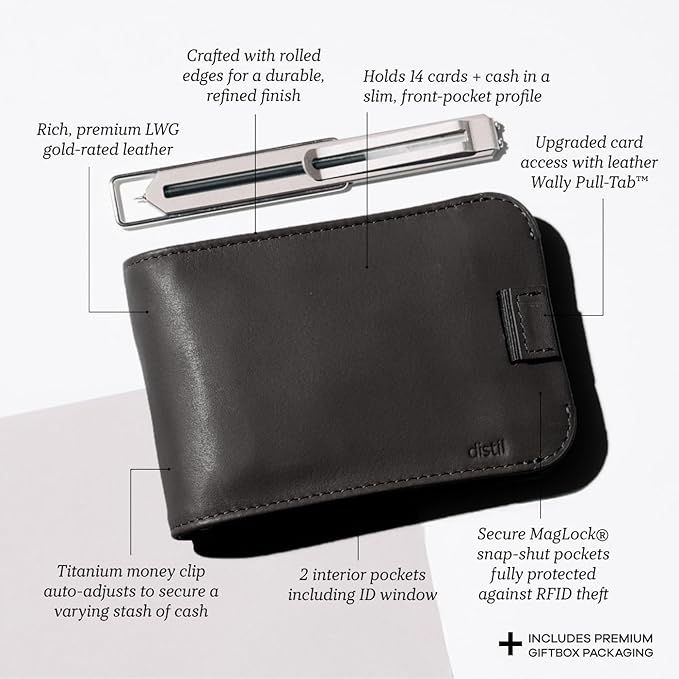 Distil Union Wally Bifold 5.0 Premium RFID Wallet with Titanium Money Clip - Slim Bifold Wallet for Men, Full Grain Leather, Minimalist RFID Card Holder - Holds 14 Cards & 30 Bills - Black