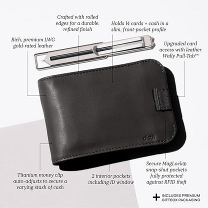 Distil Union Wally Bifold 5.0 Premium RFID Wallet with Titanium Money Clip - Slim Bifold Wallet for Men, Full Grain Leather, Minimalist RFID Card Holder - Holds 14 Cards & 30 Bills - Vege-Tan