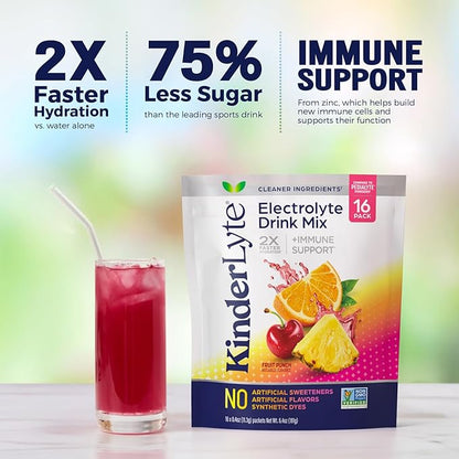 Kinderlyte Electrolyte Powder for Kids and Adults - Drink Mix Hydration Packets (Fruit Punch, 16 Count), No Artificial Sweeteners or Flavors, No Synthetic Dyes, Vegan, Non-GMO, Gluten-Free