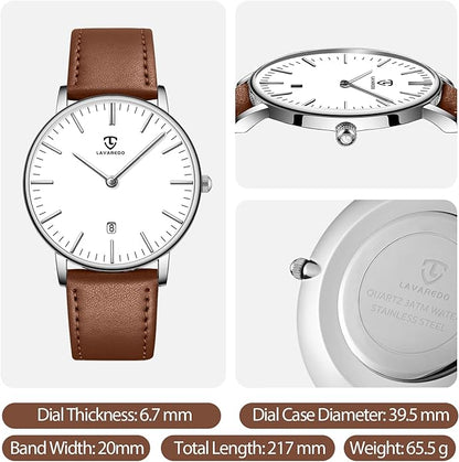 L LAVAREDO Watch for Men, Extremely Thin Mens Watches Minimalist Analog Men's Leather Wrist Watches with Time/Date, Birthday Gift for Men Boyfriend