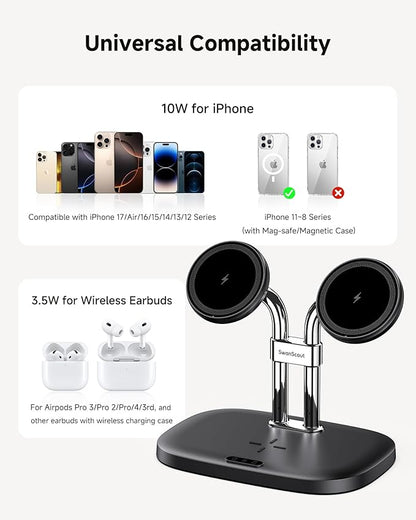 SwanScout Wireless Charger for iPhone Air/17, SwanScout 706M, Dual Magnetic Charger for iPhone 16/15/14/13/12 Series, Charging Station for AirPods Pro 3/2, AirPods 4/3rd (Black)