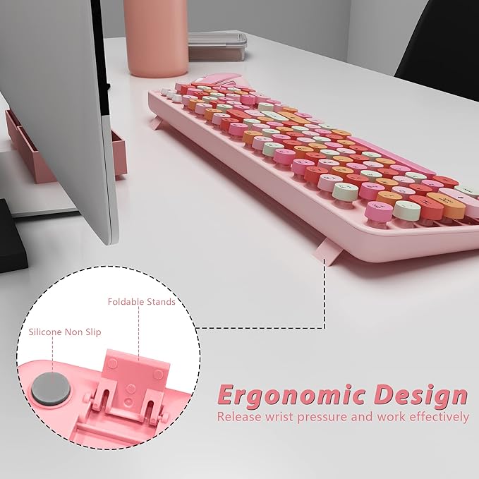 KOOTOP Cute Pink Wireless Keyboard and Mouse, 2.4G Retro Round Keycap for PC, Mac, Laptop, Tablet, Computer Windows