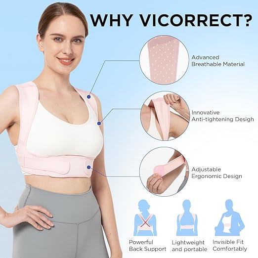 Vicorrect Posture Corrector for Women and Men: Adjustable Brace Straps for Upper Back Pain Relief and Shoulder Support (Pink, S/M)