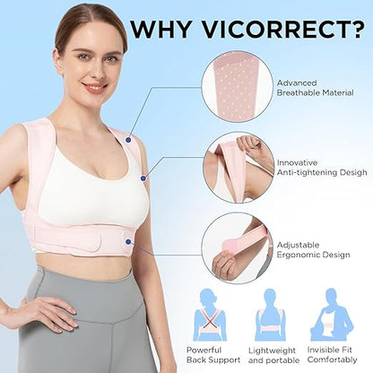 Vicorrect Posture Corrector for Women and Men: Adjustable Brace Straps for Upper Back Pain Relief and Shoulder Support (Pink, S/M)