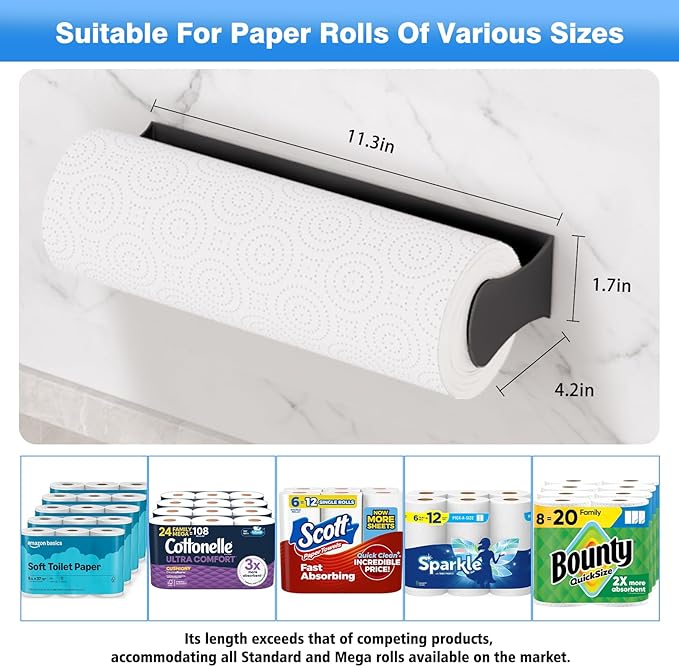 Paper Towel Holder Under Cabinet, Black, Adhesive & Wall Mount, Under Counter Paper Towel Rack for Kitchen and Bathroom, Home and Kitchen Decor