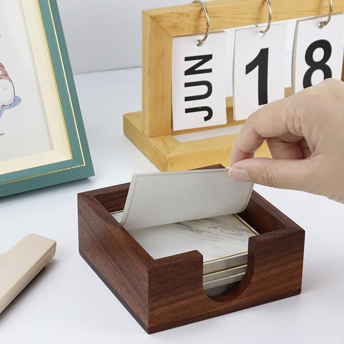 Buqoo Walnut Wooden Sticky Note Holder, Self Stick Note Holder Memo Pad Holder Dispenser Organizer, Post It Note Dispenser Cube Holder for 3 x 3 Sticky Notes for School Office Home Desk Accessories