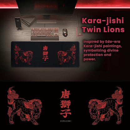 BELLEMOND Japanese Art Desk Mat | Large 31.5x11.8in Desk Pad | Mouse Pad for Keyboard & Mouse | Non-Slip Base, Water-Repellent, Smooth Precision | Kara-jishi - Twin Lions