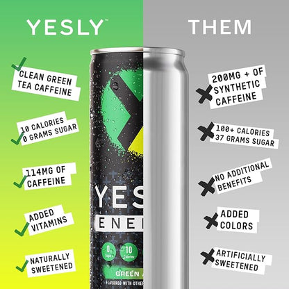 Yesly Energy - All Natural Clean Energy Drink - Zero Sugar Functional Energy Infused with Vitamins and Electrolytes - Green Apple, 12 Fl Oz (Pack of 12)