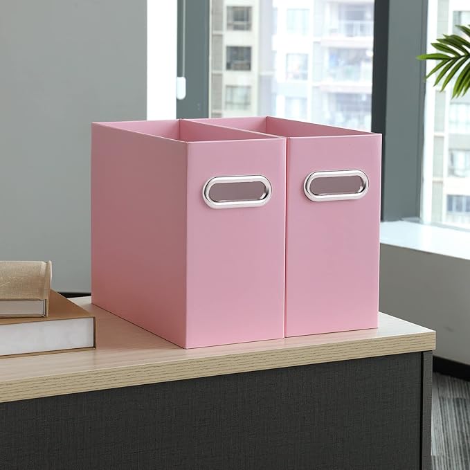 Oterri File Organizer, 2 Packs Small Storage Box, Cardboard File Folder Organizer, Collapsible File Box for Hanging File Folders Letter Size, Portable Filing Organizer with Handle（Pink）
