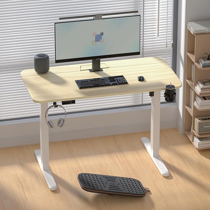 Standing Desk with Cable Management Tray, 48"x24" Electric Height Adjustable Sit Stand Desk, Memory Presets, Anti-Collision, Workstation for Home Office, Light Wood Top White Frame