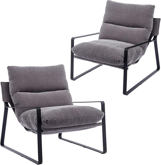 DUOMAY Modern Accent Arm Chair Set of 2, Comfy Linen Lounge Lazy Chair with Metal Leg, Mid-Century Corner Chair for Living Room Bedroom Office Apartment, Grey