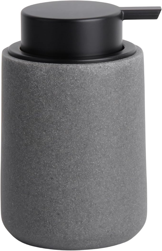 Resin Hand Soap Dispenser with Easy-to-Press Pump, Refillable Liquid Soap Dispenser with Sandstone Like Finish, Waterproof Bottle Labels for Bathroom Kitchen Dish Lotion (Gray, 10 oz)