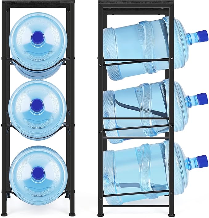 Water Bottle Holder Organizer 5 Gallon Water Jug Stand with Shelves, 3-Tier Water Bottle Dispenser Stand for Kitchen Living Room Office, Black