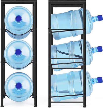 Water Bottle Holder Organizer 5 Gallon Water Jug Stand with Shelves, 3-Tier Water Bottle Dispenser Stand for Kitchen Living Room Office, Black