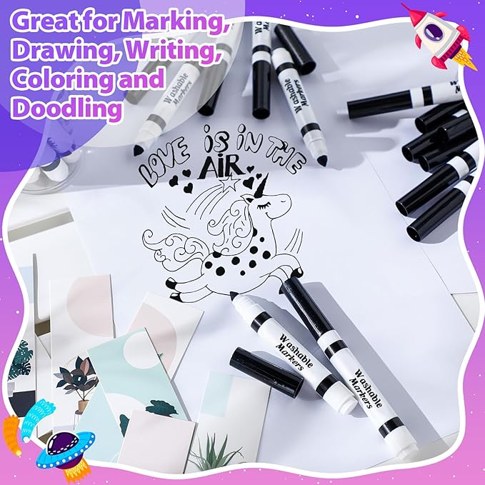 Janlaugh 24 Pcs Washable Markers Bulk Broad Line Markers Coloring Conical Tip Large pens for Kids art projects, Teachers, Students, Toddlers, Party Favors, Classrooms, Donations(Black)