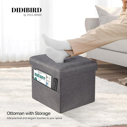 Storage Ottoman,Folding Ottomans with Storage,Linen Ottoman Foot Rest with Pocket,Foot Stool with Thicker Foam Padded for Living Room,Bedroom,Office,Dorm,287 lb Load Capacity,17x13x13in,Grey