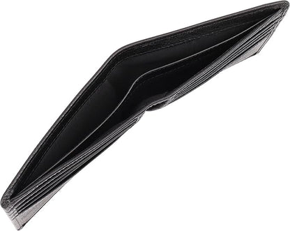 Genuine Leather Bifold Mens Slim Wallet RFID Blocking with 8 Credit Card Slots 2 Sections for Bills 2 Additional Slots | For Him (Black)