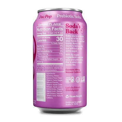 Poppi Sparkling Prebiotic Soda Beverage with Apple Cider Vinegar, Seltzer Water and Fruit Juice, Doc Pop Flavor, 12 Fl Oz, Pack of 12, Packaging May Vary