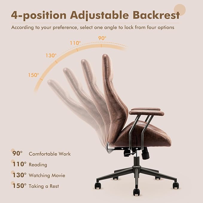 High Back Home Office Chair,Mid Century Modren Ergonomic Executive Chair,Lumbar Support Swivel Task Chair with Wheels,Computer Desk Chair Suede Fabric,350LBS (Dark Brown)