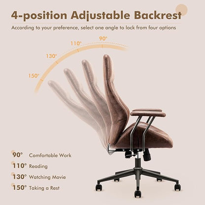 High Back Home Office Chair,Mid Century Modren Ergonomic Executive Chair,Lumbar Support Swivel Task Chair with Wheels,Computer Desk Chair Suede Fabric,350LBS (Dark Brown)