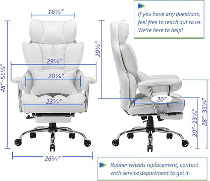 Efomao Big and Tall Office Chair 400lbs – PU Leather Executive Office Chair with Lumbar Support & Leg Rest, Heavy-Duty Computer Chair for Home Office, White