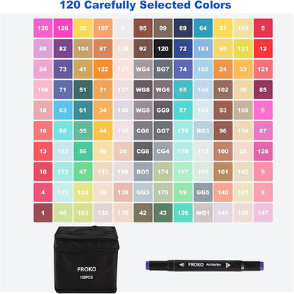FROKO Alcohol Markers,120 Colors Dual Tip Art Marker,Coloring Marker, markers for adult coloring books no bleeding