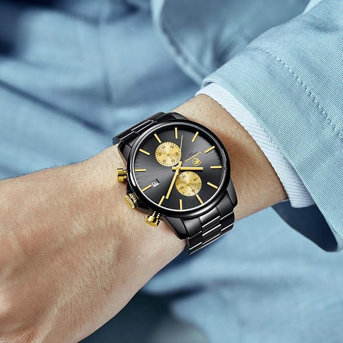 GOLDEN HOUR Fashion Business Mens Watches with Stainless Steel Waterproof Chronograph Quartz Watch for Men, Auto Date