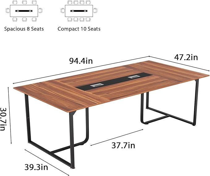 8FT Conference Table,Conference Room Table with Grommet,Stable Structure,Adjustable Foot Pads,Large Seminar Table for Office Meeting 94.4 L x 47.2 W x30.7 H (Brown)