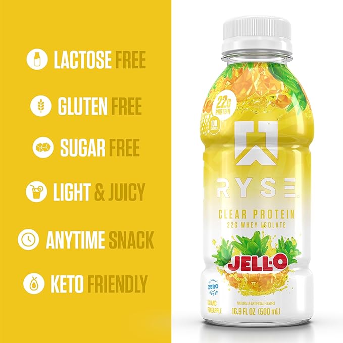 RYSE Clear Protein Drink - Jell-O Island Pineapple - 100 Calories, 22g Whey Isolate Protein Shake, Sugar-Free, 0g Fat & Lactose-Free - Refreshing Ready-to-Drink Beverage - 16.9 fl oz Bottles (12-Pack)