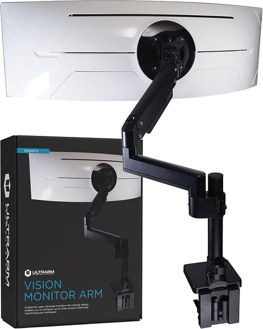 Heavy Duty Monitor Arm for Ultrawide Monitors up to 57" and 44 lbs, Single Desk Stand, Pneumatic Height Adjustable, Modular Extension Arms - Max VESA 100x100, Black, MA20P-S