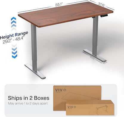 VIVO Electric 55 x 28 in Standing Desk, Memory Height Adjustment, 1B Series, One-Piece Dark Walnut Top, Gray Frame, DESK-KIT-1G55D