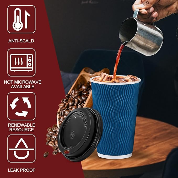 Lamosi Disposable Coffee Cups with Lids 16 OZ 500 Pack, Insulated Paper Coffee Corrugated Ripple Wall To Go Cup with for Hot Beverages - Blue