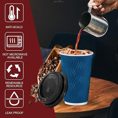 Lamosi Disposable Coffee Cups with Lids 16 OZ 500 Pack, Insulated Paper Coffee Corrugated Ripple Wall To Go Cup with for Hot Beverages - Blue