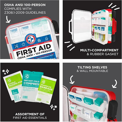 Be Smart Get Prepared First Aid Kit Hard Red Case 326 Pieces Exceeds OSHA and ANSI Guidelines 100 People - Office, Home, Car, School, Emergency, Survival, Camping, Hunting and Sports (20HBC01015REV3)