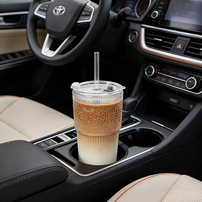 20oz Ribbed & Floral Glass Tumbler Set of 2 – Reusable Glass Cups with Lid and Glass Straw, Iced Coffee Cups for Water, Smoothie, Milk, Cocktail & More – Perfect for Daily Use & Travel