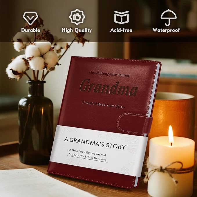 Artmag Grandma's Life Story Journal with 250+ Prompt Questions, Family Keepsake Book Leather Cover for Grandma to Share Her Memories for Birthday Mother's Day Christmas (Red)
