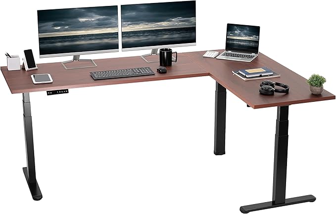 VIVO Electric 78 x 55 inch Square Corner Memory L Shaped Stand Up Desk, Dark Walnut Table Top, Black Frame, Corner Height Adjustable Workstation, 3E-S Series, DESK-KIT-3E5SBD