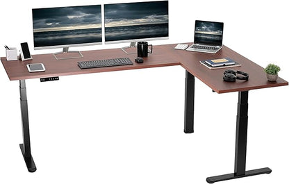 VIVO Electric 78 x 55 inch Square Corner Memory L Shaped Stand Up Desk, Dark Walnut Table Top, Black Frame, Corner Height Adjustable Workstation, 3E-S Series, DESK-KIT-3E5SBD