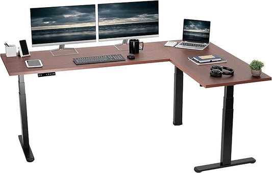VIVO Electric 78 x 55 inch Square Corner Memory L Shaped Stand Up Desk, Dark Walnut Table Top, Black Frame, Corner Height Adjustable Workstation, 3E-S Series, DESK-KIT-3E5SBD