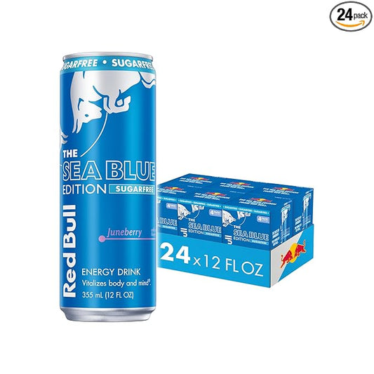 Red Bull Sea Blue Edition Sugar-Free Energy Drink, Juneberry, with 80mg Caffeine plus Taurine & B Vitamins, 12 Fl Oz, Pack of 24 Cans (6 packs of 4)