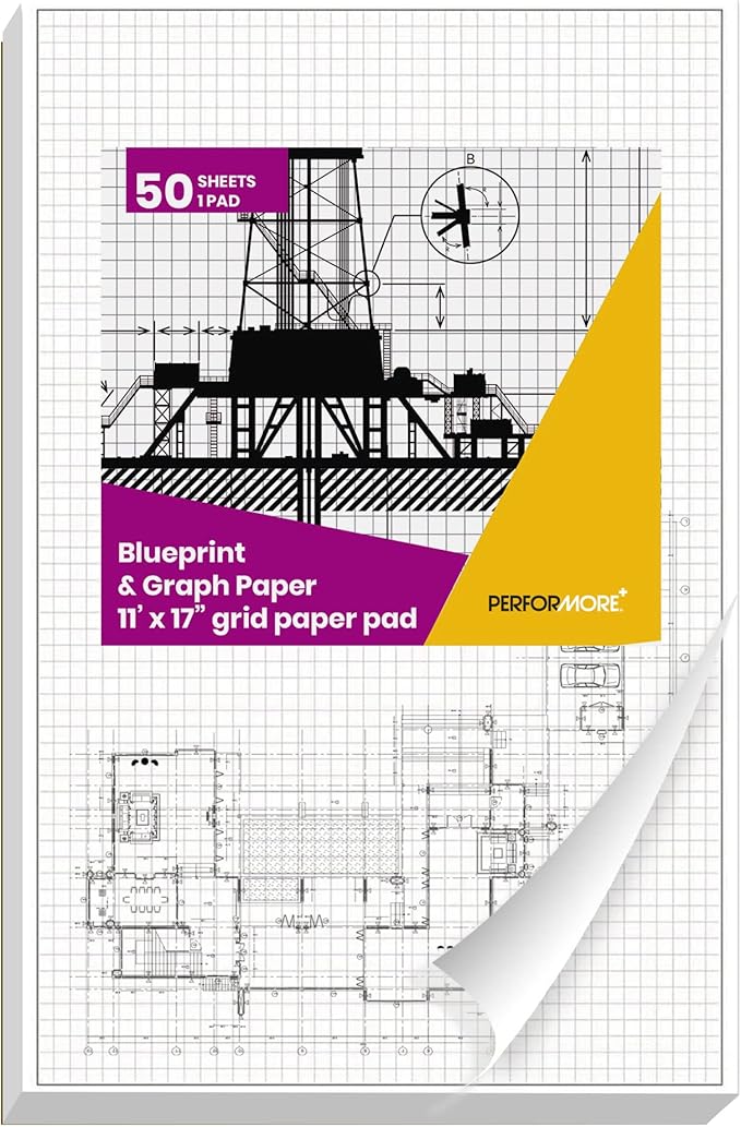 Performore 1 Pack Grid Paper Pads, 50 Sheets per Pad 11" x 17" Graph Paper Glue Top Binding Double Sided 4x4 Quadrille White Paper for Engineering Or Technical Drawings, Blueprint, Drafting