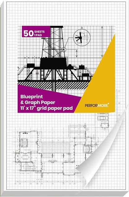 Performore 1 Pack Grid Paper Pads, 50 Sheets per Pad 11" x 17" Graph Paper Glue Top Binding Double Sided 4x4 Quadrille White Paper for Engineering Or Technical Drawings, Blueprint, Drafting