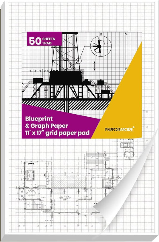 Performore 1 Pack Grid Paper Pads, 50 Sheets per Pad 11" x 17" Graph Paper Glue Top Binding Double Sided 4x4 Quadrille White Paper for Engineering Or Technical Drawings, Blueprint, Drafting