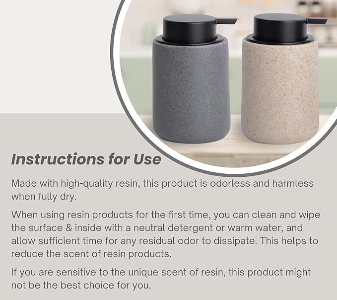 Resin Hand Soap Dispenser with Easy-to-Press Pump, Refillable Liquid Soap Dispenser with Sandstone Like Finish, Waterproof Bottle Labels for Bathroom Kitchen Dish Lotion (Gray, 10 oz)