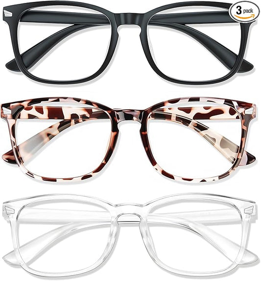 Blue Light Glasses for Woman Men | 99% Blue Light Blocking Glasses for Computer Gaming TV Phone Screen Square Frame | Anti Eyestrain & UV Glare Protection - 3 Pair
