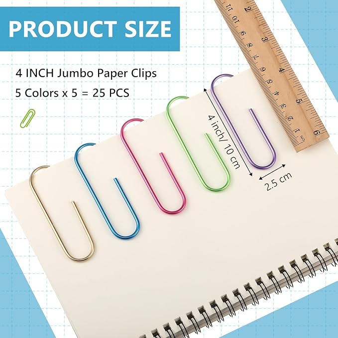 Hicarer 25 Pcs 4 Inch Large Paper Clips Jumbo 100 mm Metal Multicolored Giant Paper Clips Bright Coated Extra Large Mega Paperclips for Bookmark Office School Organizing Files Document (Vivid Color)