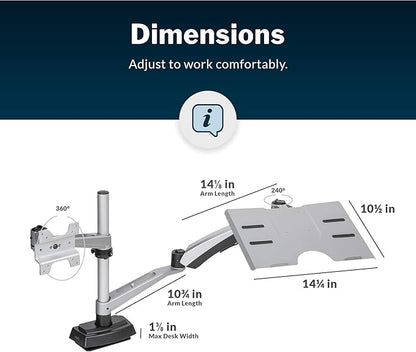 Vari Monitor Arm & Laptop Stand - VESA Compatible Mount with 360 Degree Rotation & 15" Laptop Stand with Adjustable Height, Monitors up to 27 inches, 19.8 lbs Capacity - Single Monitor & Laptop Holder