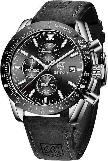 BY BENYAR Watch for Men Analog Quartz Chronograph Waterproof Luminous Designer Mens Wrist Watches Business Work Sport Casual Dress Watch with Silicone Strap Elegant Gifts for Men